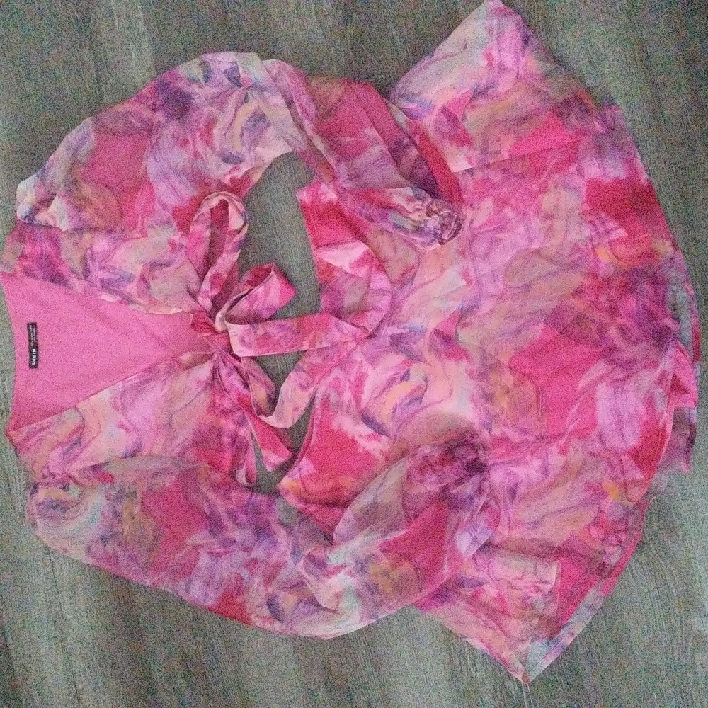 Lantern Sleeve V Neck Knot Cutout Waist Floral Print Summer Beach Women Chiffon